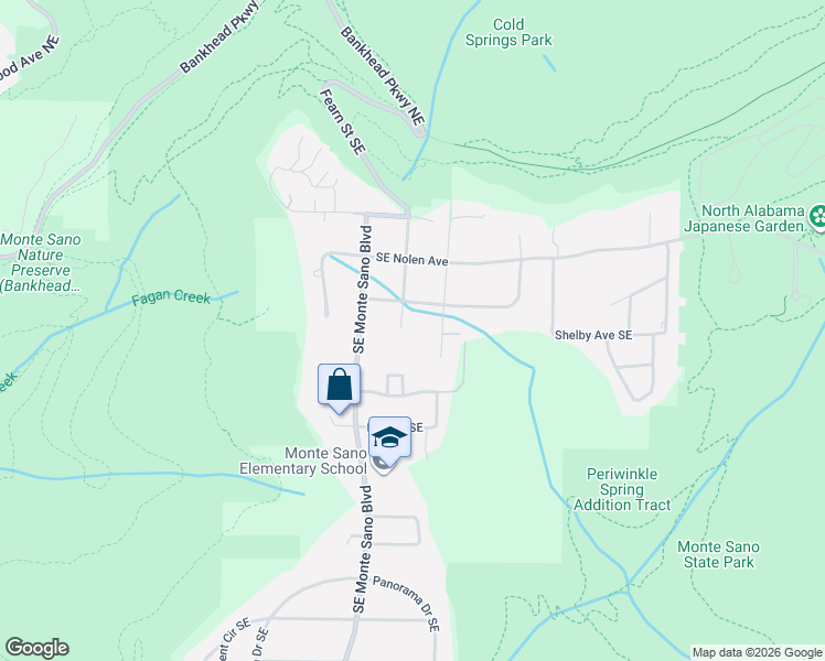 map of restaurants, bars, coffee shops, grocery stores, and more near 3710 Fearn Street Southeast in Huntsville