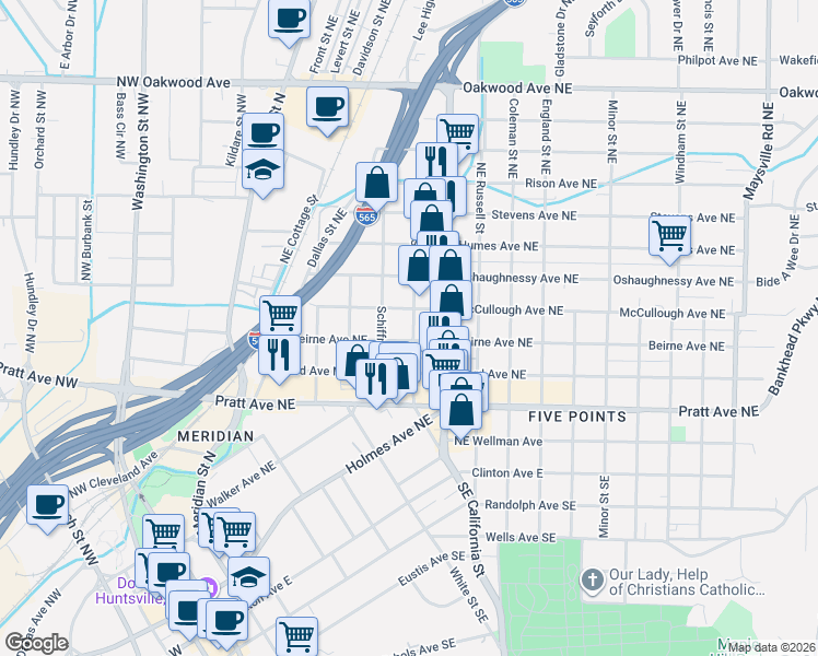 map of restaurants, bars, coffee shops, grocery stores, and more near 508 McCullough Avenue Northeast in Huntsville