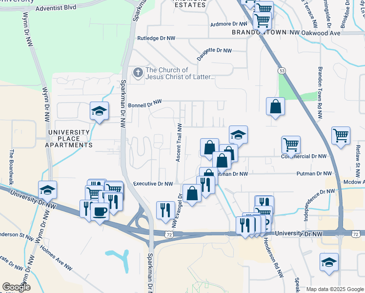 map of restaurants, bars, coffee shops, grocery stores, and more near in Huntsville