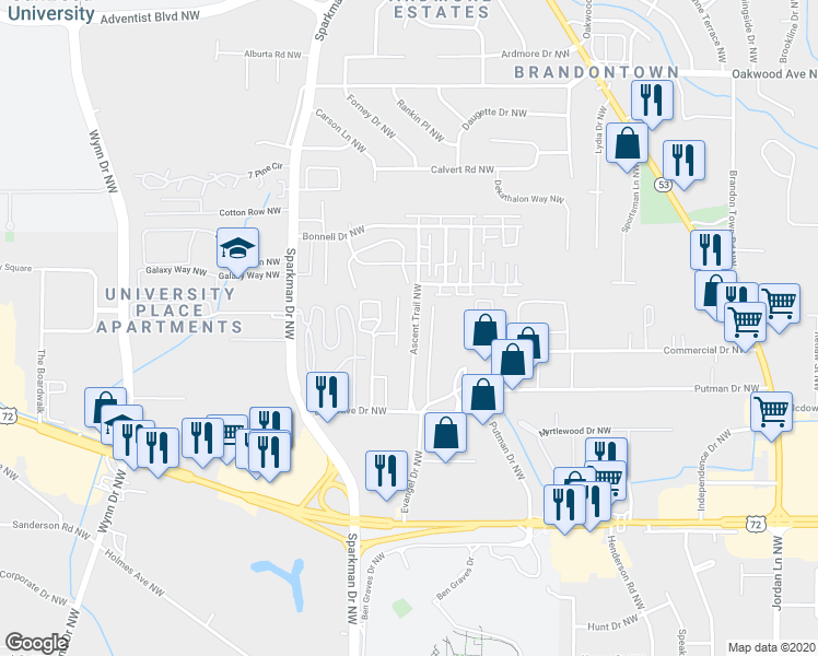 map of restaurants, bars, coffee shops, grocery stores, and more near in Huntsville
