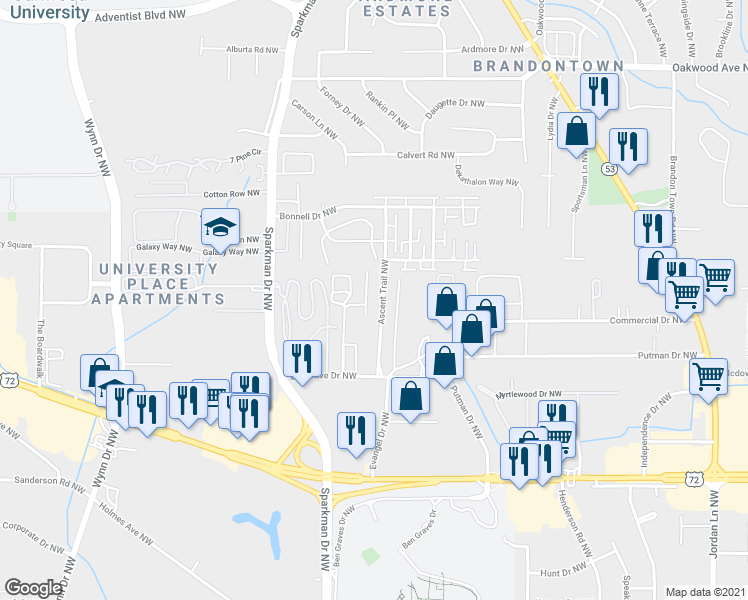 map of restaurants, bars, coffee shops, grocery stores, and more near in Huntsville