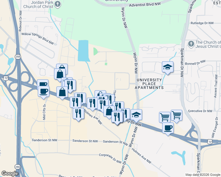 map of restaurants, bars, coffee shops, grocery stores, and more near 1555 The Boardwalk in Huntsville
