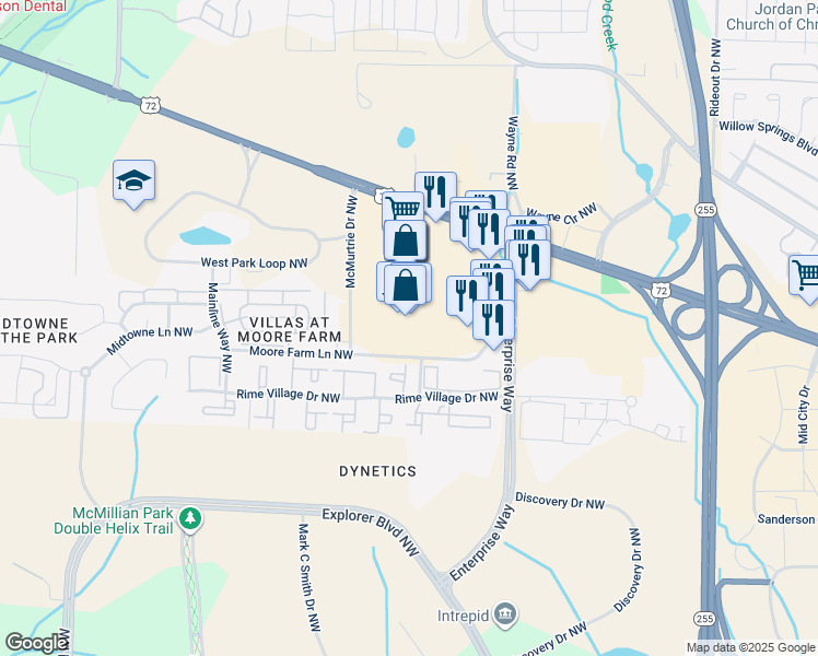 map of restaurants, bars, coffee shops, grocery stores, and more near 6275 University Drive in Huntsville