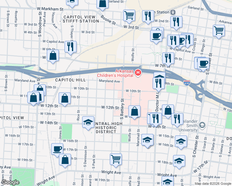 map of restaurants, bars, coffee shops, grocery stores, and more near 1923 West 10th Street in Little Rock