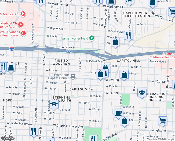 map of restaurants, bars, coffee shops, grocery stores, and more near 1006 Johnson Street in Little Rock