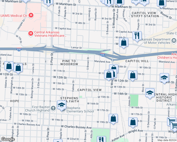 map of restaurants, bars, coffee shops, grocery stores, and more near 1009 South Brown Street in Little Rock