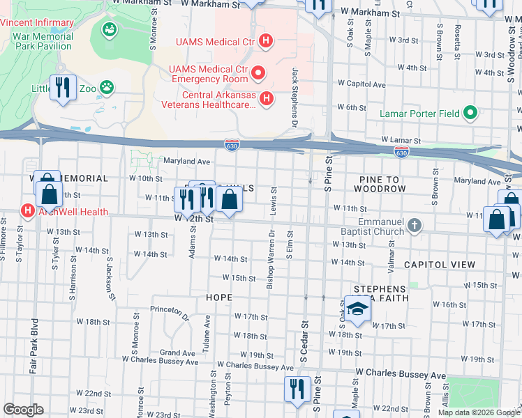 map of restaurants, bars, coffee shops, grocery stores, and more near 1100 Lewis Street in Little Rock