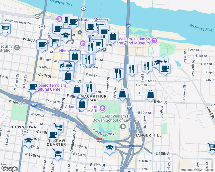 map of restaurants, bars, coffee shops, grocery stores, and more near East 7th Street in Little Rock