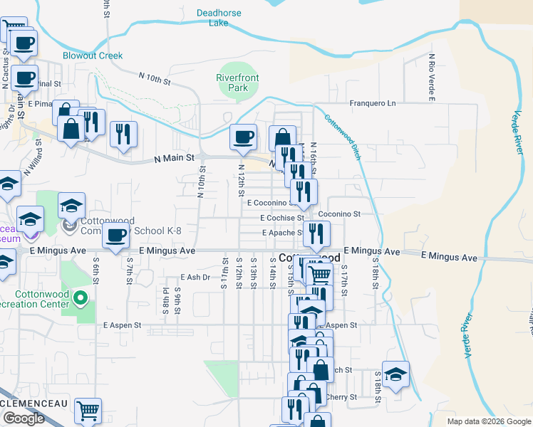 map of restaurants, bars, coffee shops, grocery stores, and more near 1316 East Cochise Street in Cottonwood