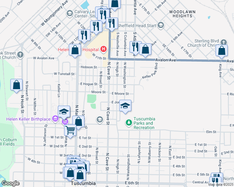 map of restaurants, bars, coffee shops, grocery stores, and more near 601 East Moore Street in Tuscumbia