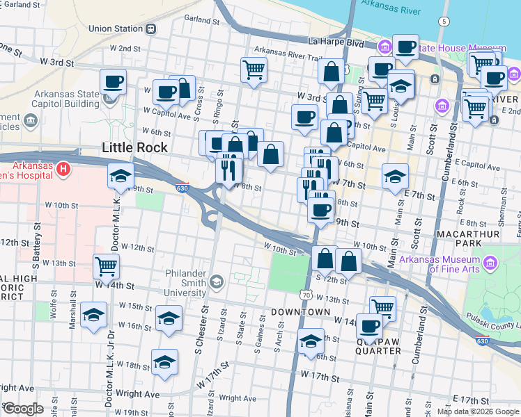 map of restaurants, bars, coffee shops, grocery stores, and more near in Little Rock