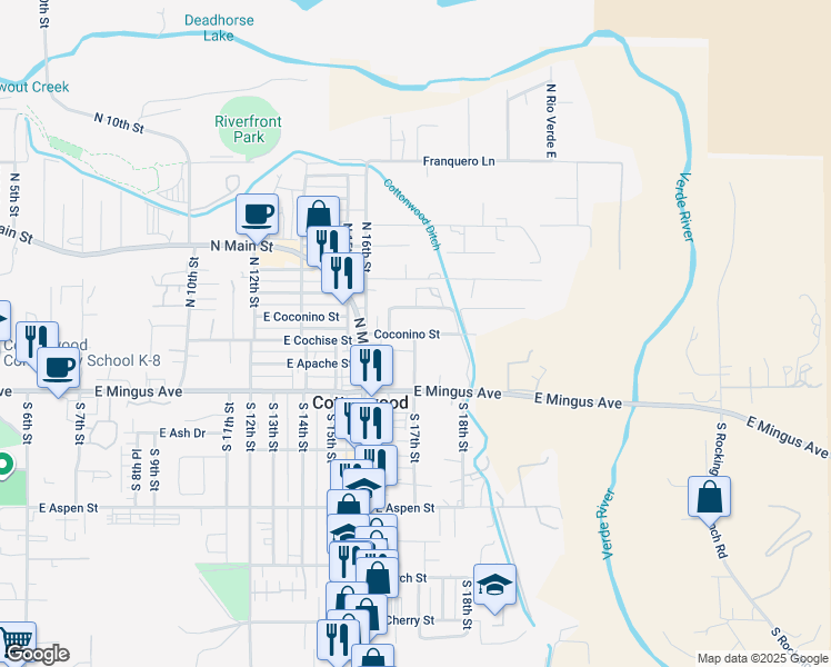 map of restaurants, bars, coffee shops, grocery stores, and more near Coconino St in Cottonwood