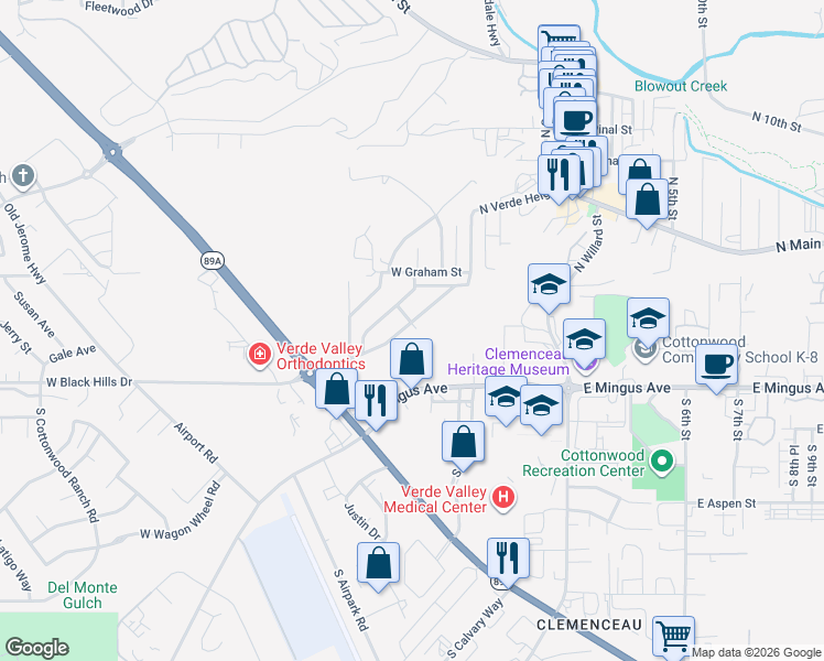 map of restaurants, bars, coffee shops, grocery stores, and more near 141 North Verde Heights Drive in Cottonwood