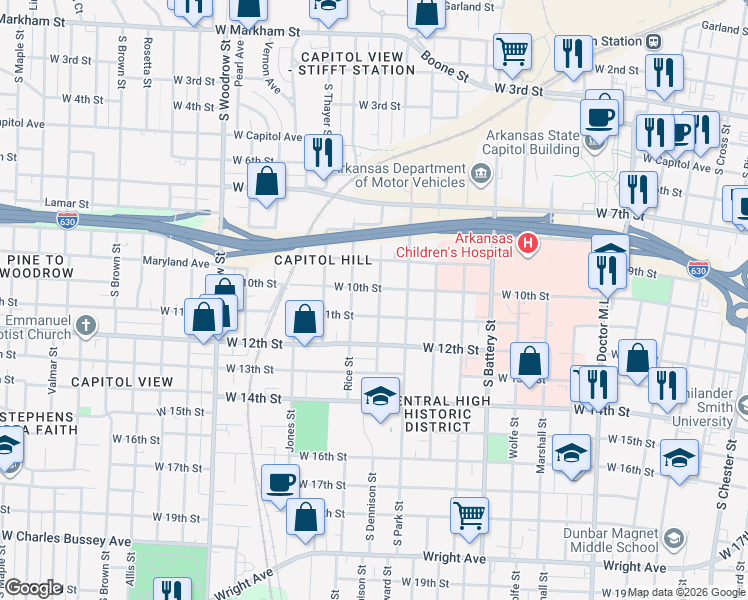 map of restaurants, bars, coffee shops, grocery stores, and more near 2315 West 10th Street in Little Rock
