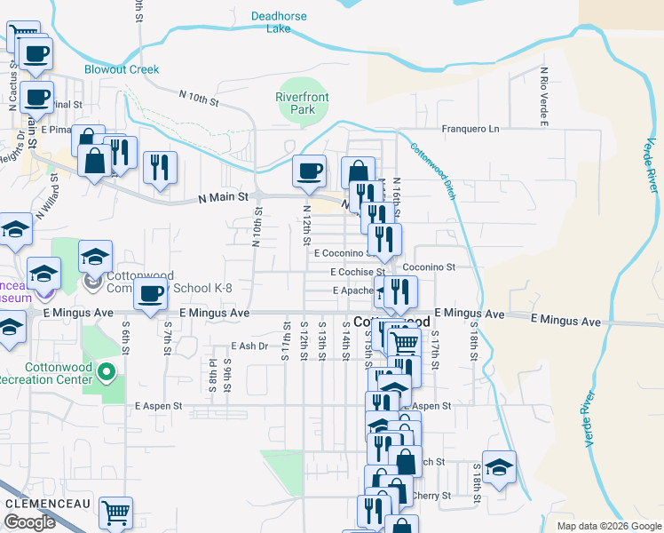 map of restaurants, bars, coffee shops, grocery stores, and more near 1316 East Cochise Street in Cottonwood