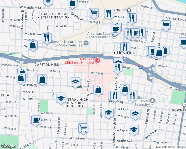 map of restaurants, bars, coffee shops, grocery stores, and more near 1000 Wolfe Street in Little Rock