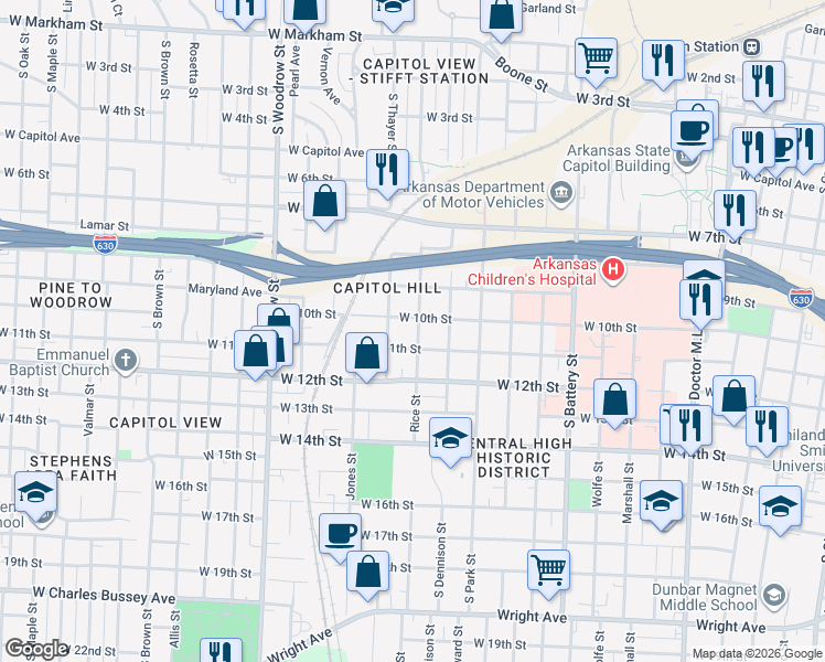 map of restaurants, bars, coffee shops, grocery stores, and more near 2315 West 10th Street in Little Rock