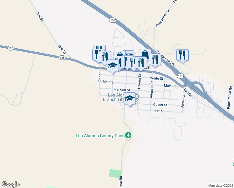 map of restaurants, bars, coffee shops, grocery stores, and more near 355 Shaw Street in Los Alamos