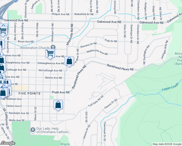 map of restaurants, bars, coffee shops, grocery stores, and more near 2000 Bankhead Parkway Northeast in Huntsville