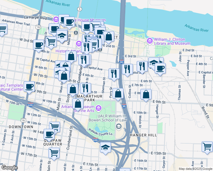 map of restaurants, bars, coffee shops, grocery stores, and more near 623 Sherman Street in Little Rock