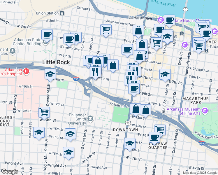 map of restaurants, bars, coffee shops, grocery stores, and more near in Little Rock