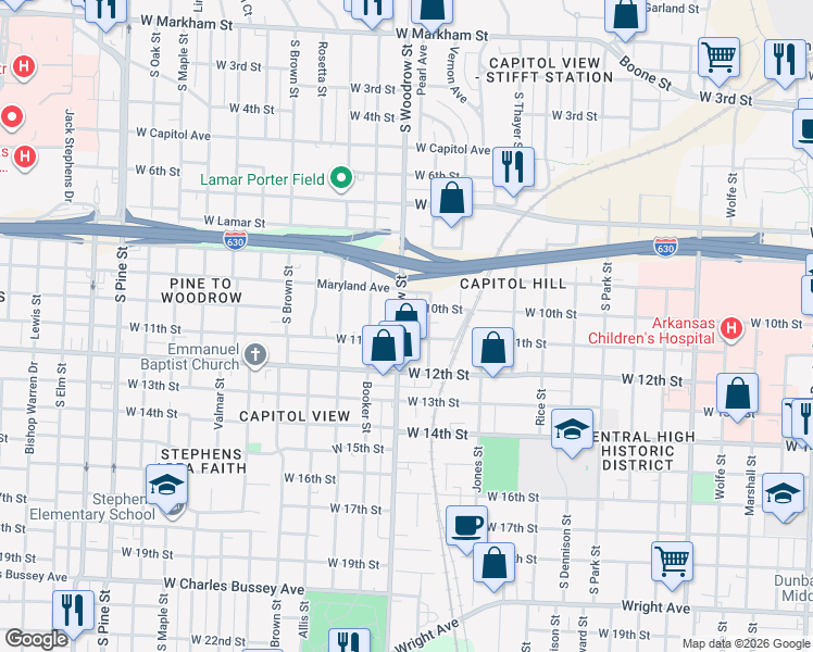map of restaurants, bars, coffee shops, grocery stores, and more near 1009 South Woodrow Street in Little Rock