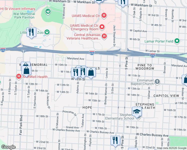 map of restaurants, bars, coffee shops, grocery stores, and more near 4319 West 11th Street in Little Rock