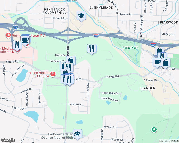 map of restaurants, bars, coffee shops, grocery stores, and more near 10 Michaels Street in Little Rock