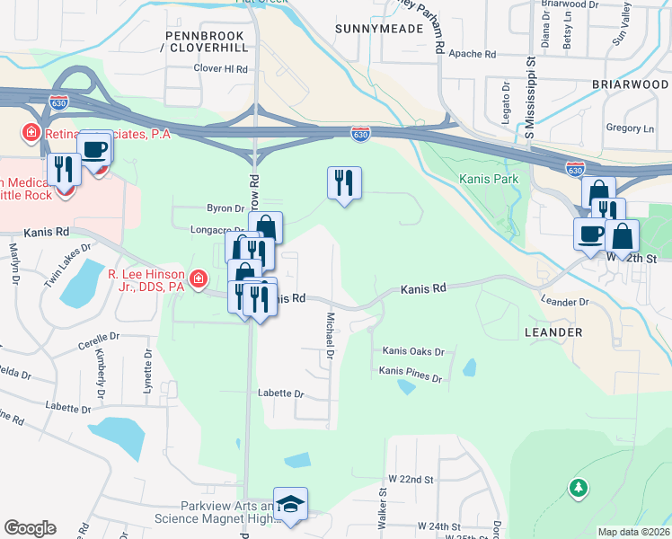 map of restaurants, bars, coffee shops, grocery stores, and more near 10 Michaels Street in Little Rock