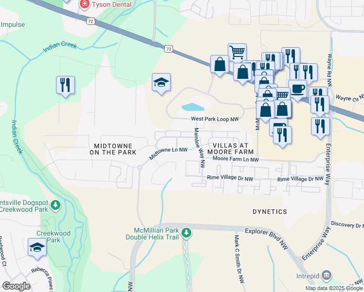 map of restaurants, bars, coffee shops, grocery stores, and more near 6313 Midtowne Lane Northwest in Huntsville