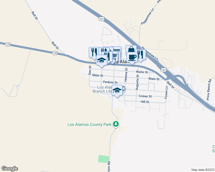 map of restaurants, bars, coffee shops, grocery stores, and more near 355 Shaw Street in Los Alamos