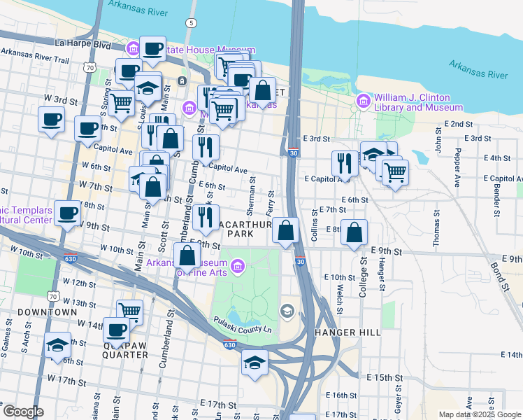 map of restaurants, bars, coffee shops, grocery stores, and more near 616 East 7th Street in Little Rock