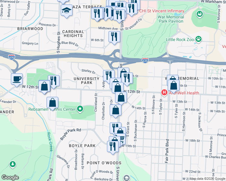 map of restaurants, bars, coffee shops, grocery stores, and more near 6100 West 12th Street in Little Rock