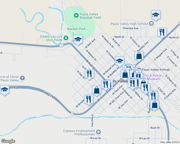 map of restaurants, bars, coffee shops, grocery stores, and more near 622 North Pine Street in Pauls Valley