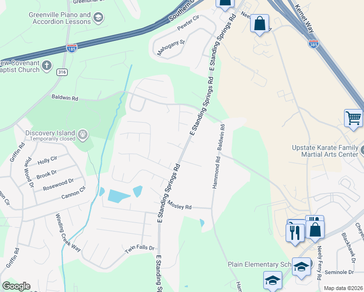 map of restaurants, bars, coffee shops, grocery stores, and more near 431 East Standing Springs Road in Simpsonville