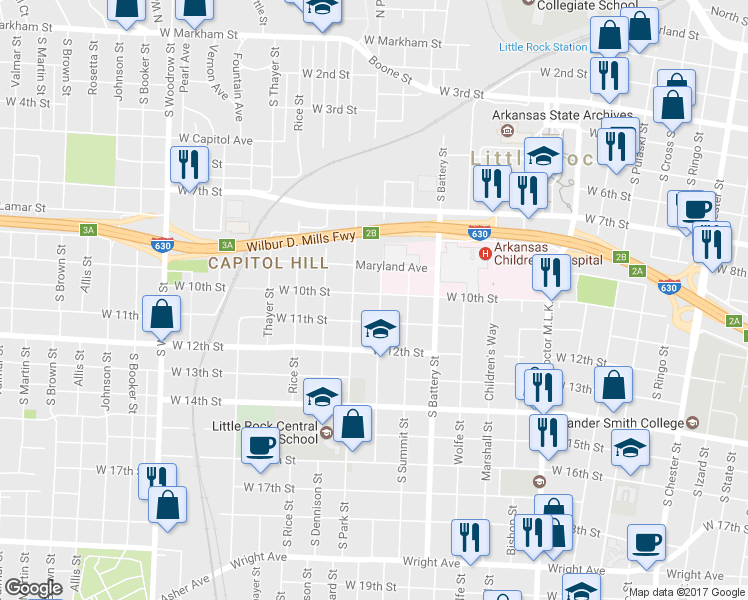 map of restaurants, bars, coffee shops, grocery stores, and more near 1000 South Schiller Street in Little Rock