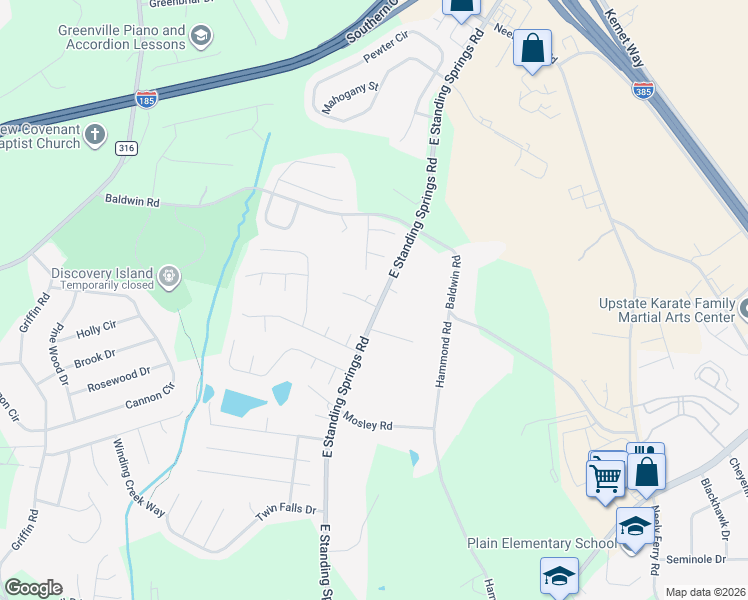 map of restaurants, bars, coffee shops, grocery stores, and more near 431 East Standing Springs Road in Simpsonville