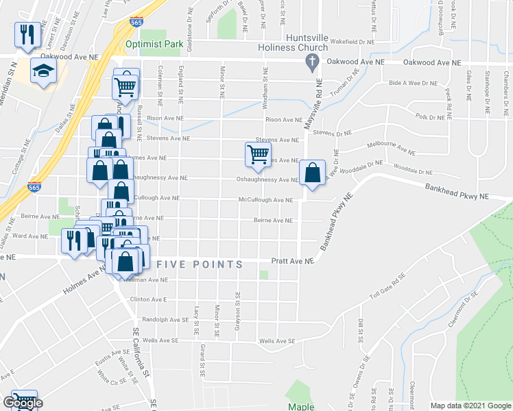 map of restaurants, bars, coffee shops, grocery stores, and more near 1422 McCullough Avenue Northeast in Huntsville