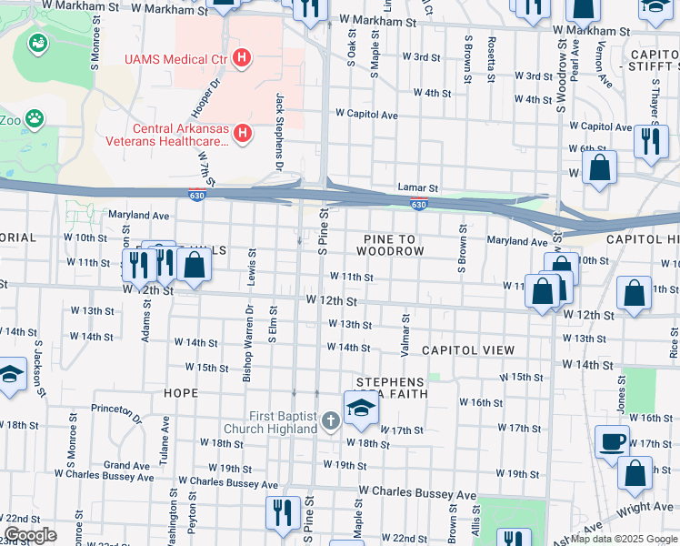 map of restaurants, bars, coffee shops, grocery stores, and more near 1024 South Oak Street in Little Rock