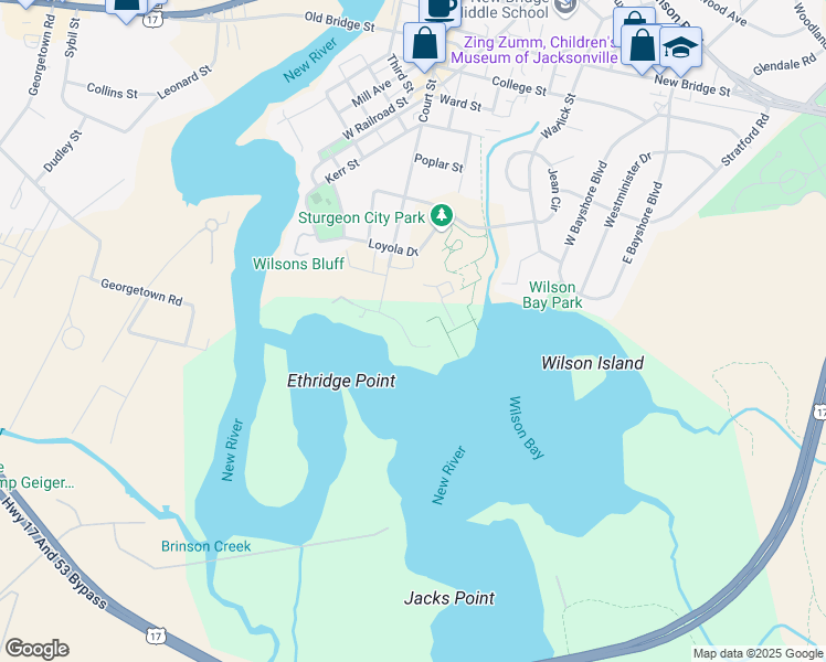 map of restaurants, bars, coffee shops, grocery stores, and more near 82A Shoreline Drive in Jacksonville