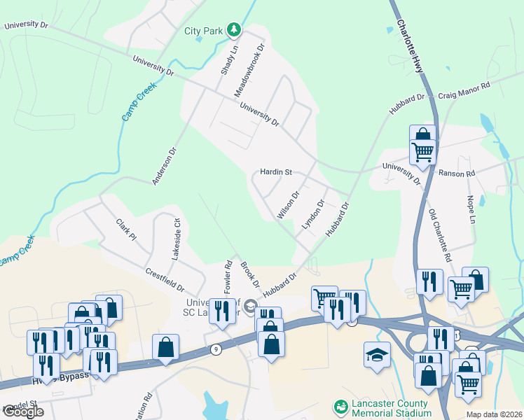 map of restaurants, bars, coffee shops, grocery stores, and more near 1324 Brook Drive in Lancaster