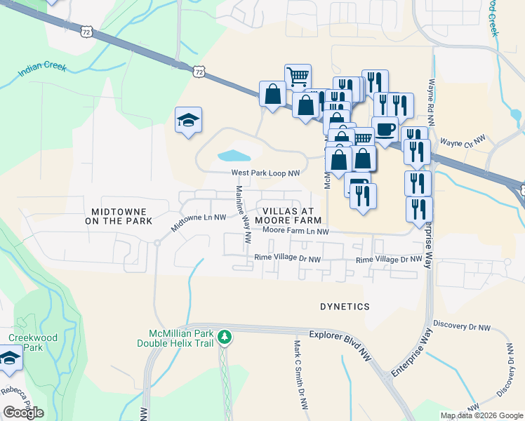 map of restaurants, bars, coffee shops, grocery stores, and more near 6340 Northwest Moore Farm Circle in Huntsville