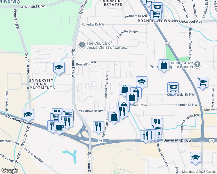 map of restaurants, bars, coffee shops, grocery stores, and more near in Huntsville