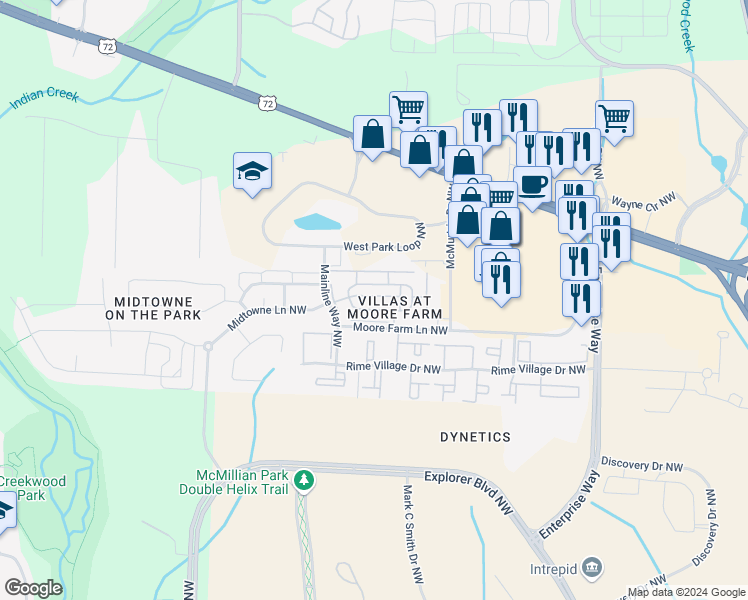 map of restaurants, bars, coffee shops, grocery stores, and more near 6340 Northwest Moore Farm Circle in Huntsville