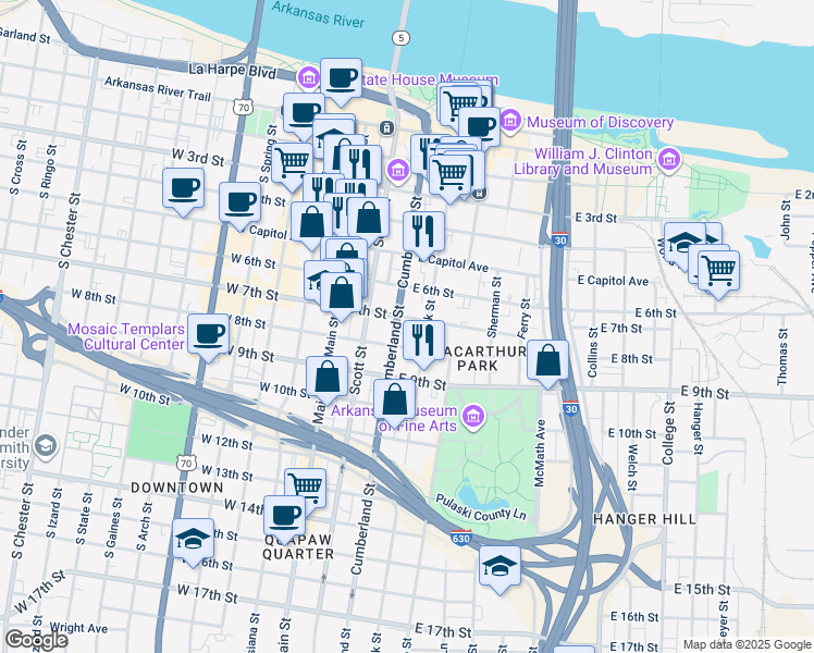 map of restaurants, bars, coffee shops, grocery stores, and more near 700 Rock Street in Little Rock