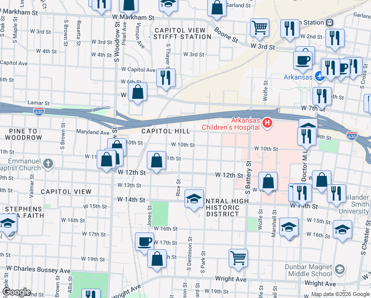map of restaurants, bars, coffee shops, grocery stores, and more near 2315 West 10th Street in Little Rock