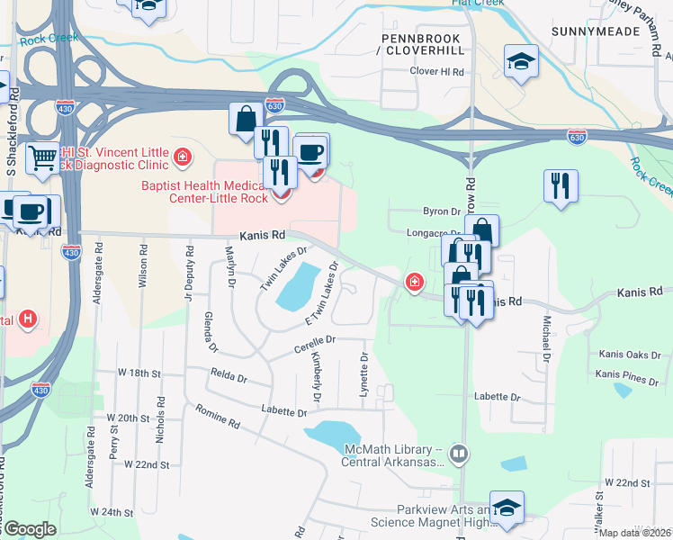 map of restaurants, bars, coffee shops, grocery stores, and more near 1212 East Twin Lakes Drive in Little Rock