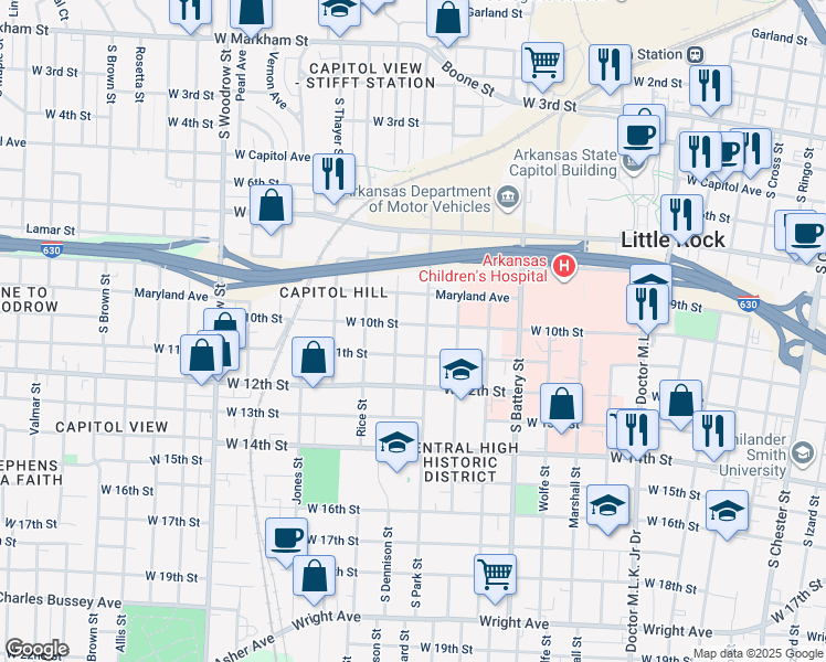 map of restaurants, bars, coffee shops, grocery stores, and more near 2209 West 10th Street in Little Rock