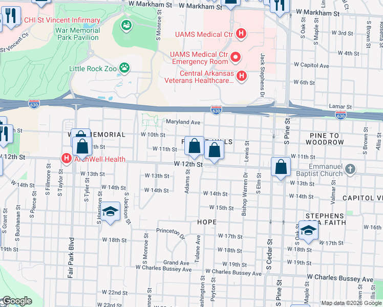 map of restaurants, bars, coffee shops, grocery stores, and more near 4525 West 11th Street in Little Rock