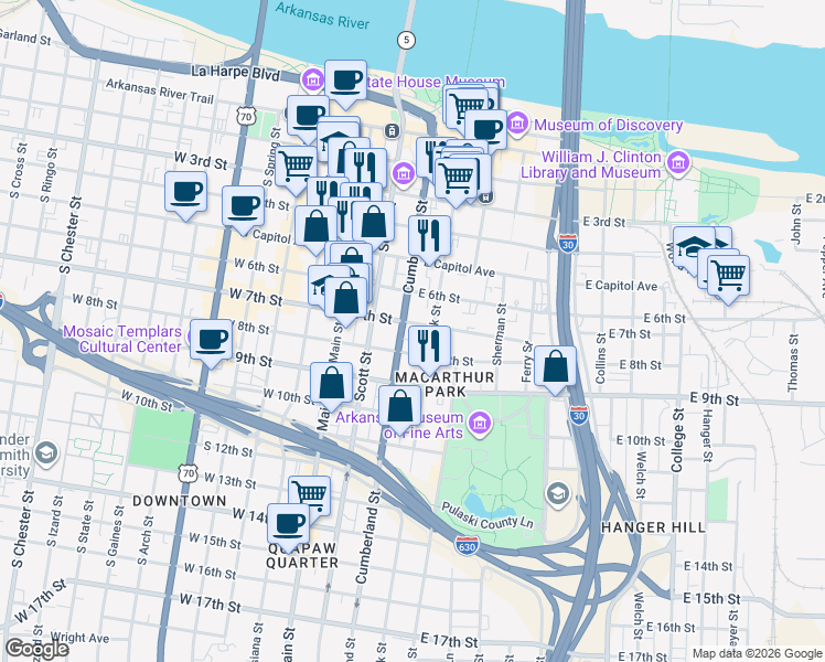 map of restaurants, bars, coffee shops, grocery stores, and more near 700 Rock Street in Little Rock
